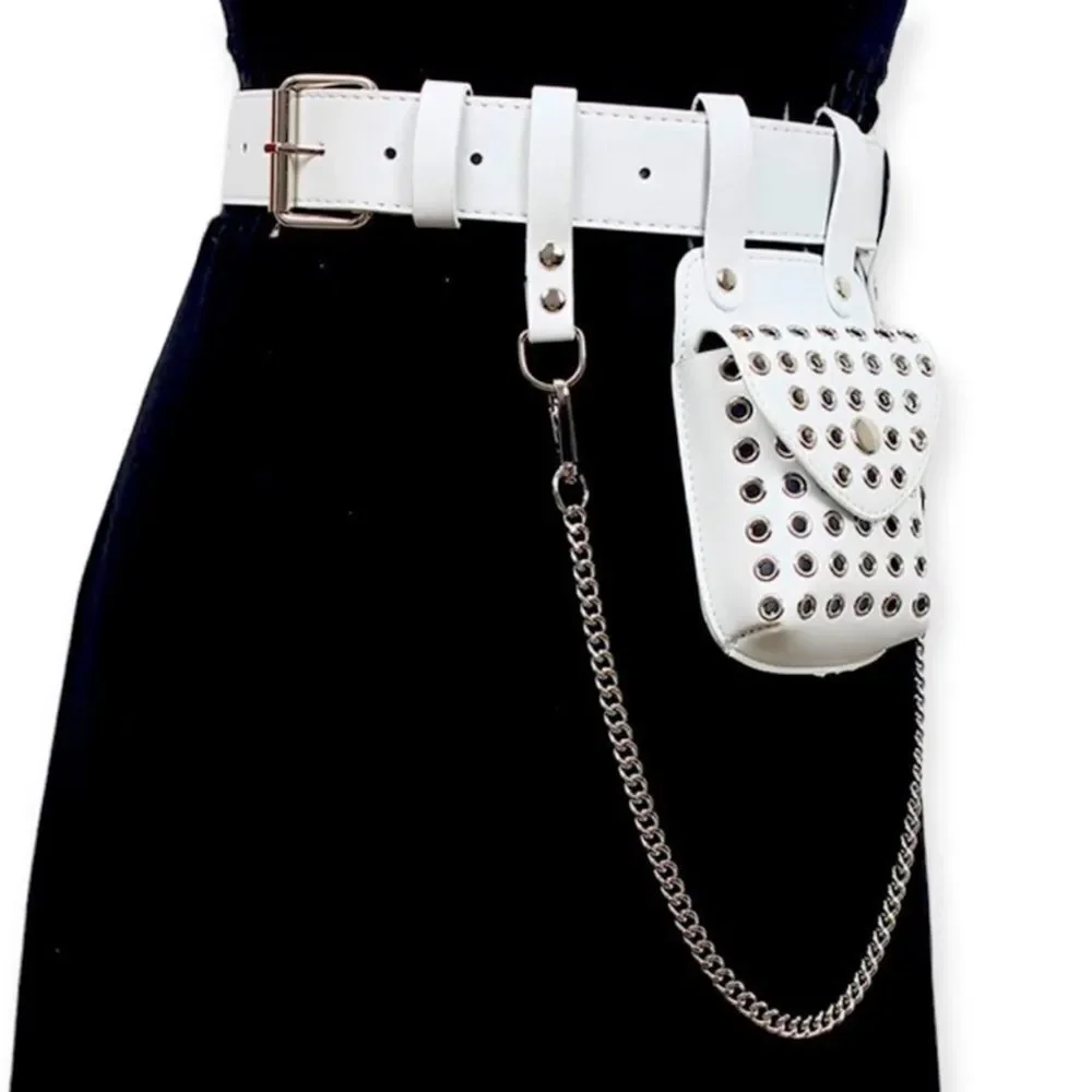 White Studded Mini Bag & Chain Belt - Gothic Y2K Streetwear Utility Pouch NWT
